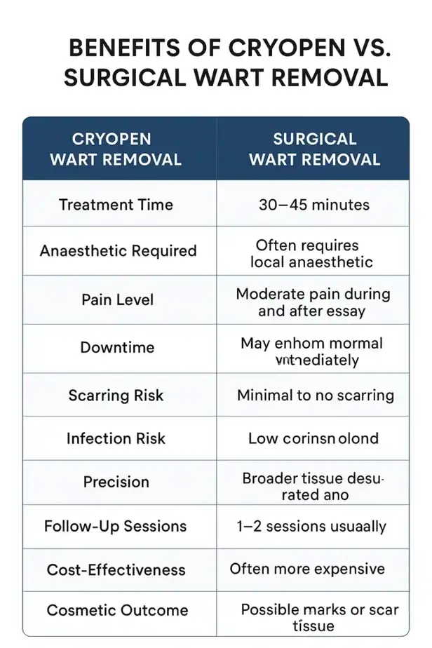 Table showing the benefits of cryopen to remove warts Newmarket compared to surgical treatment